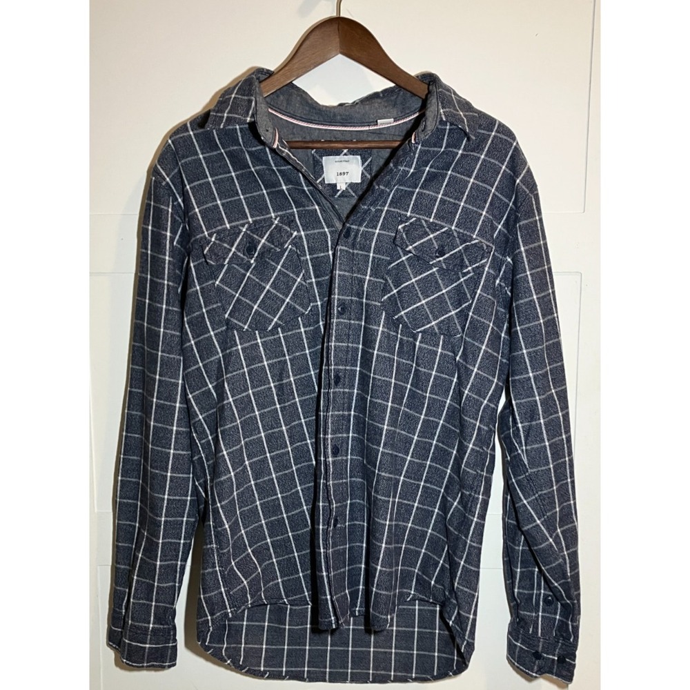 Established 1897 Mens Large Long Sleeve‎ Blue Plaid Flannel Button Cotton Preppy